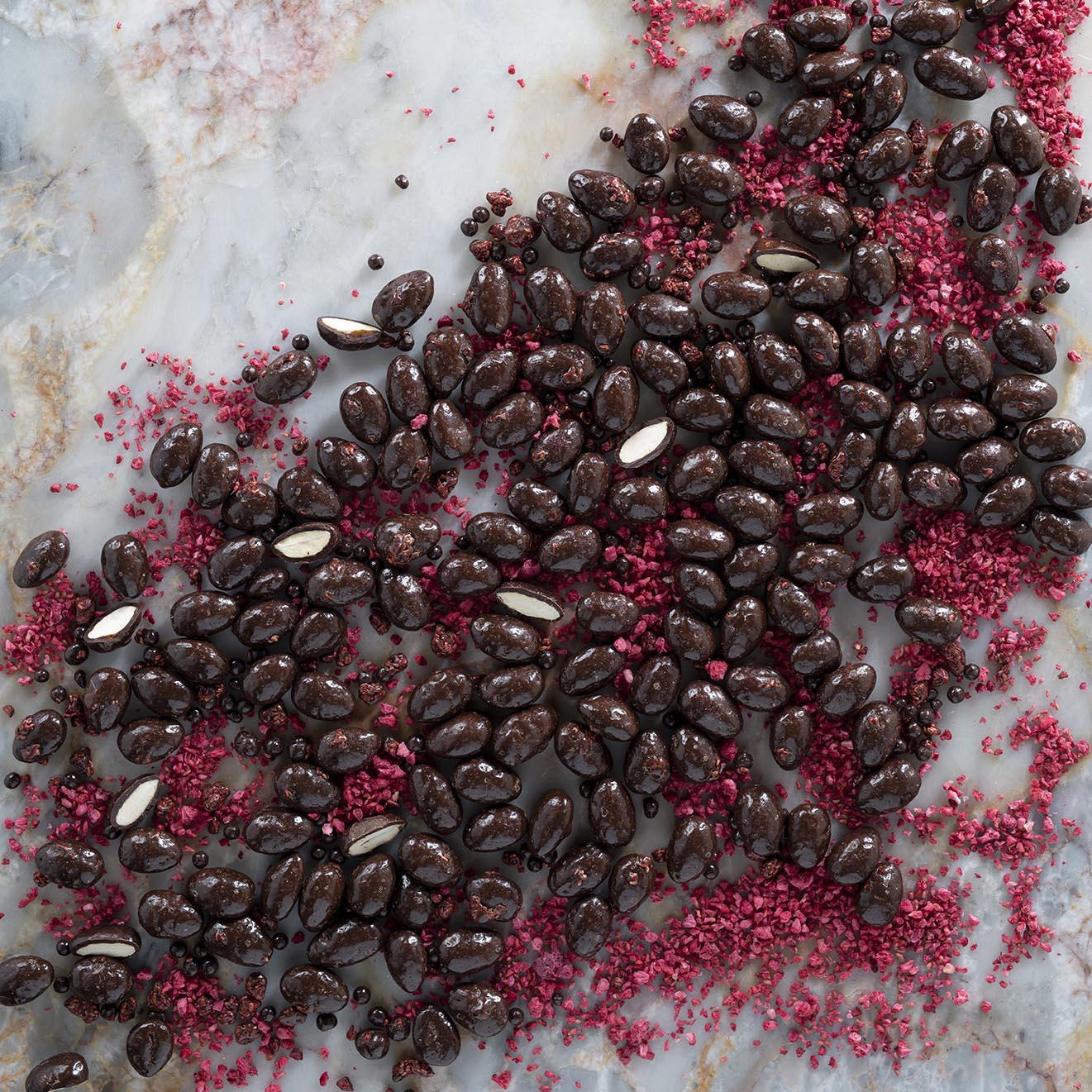 Dark Chocolate + Raspberry coated Almonds 150g